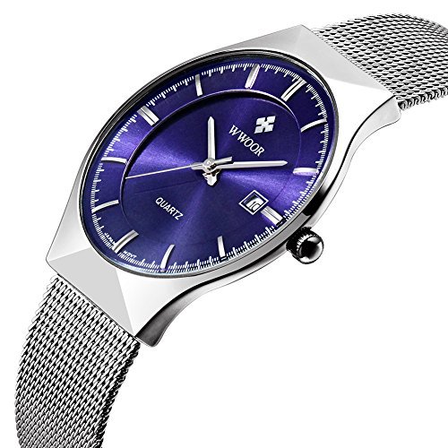 WWOOR Mens Elite Ultra Thin Stainless Steel Quartz Watches Mesh Wristwatch With Date WR 8016 blue 0 0 - WWOOR Men's Elite Ultra Thin Stainless Steel Quartz Mesh Wrist With Date WR-8016 (blue) watch