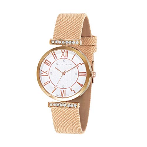 Giordano Analogue Womens Watch C2152 0 - Giordano Analog Watch for Women with Crystal Studded Rose Gold Case, White Dial and Suede Leather Strap Ladies Wrist…